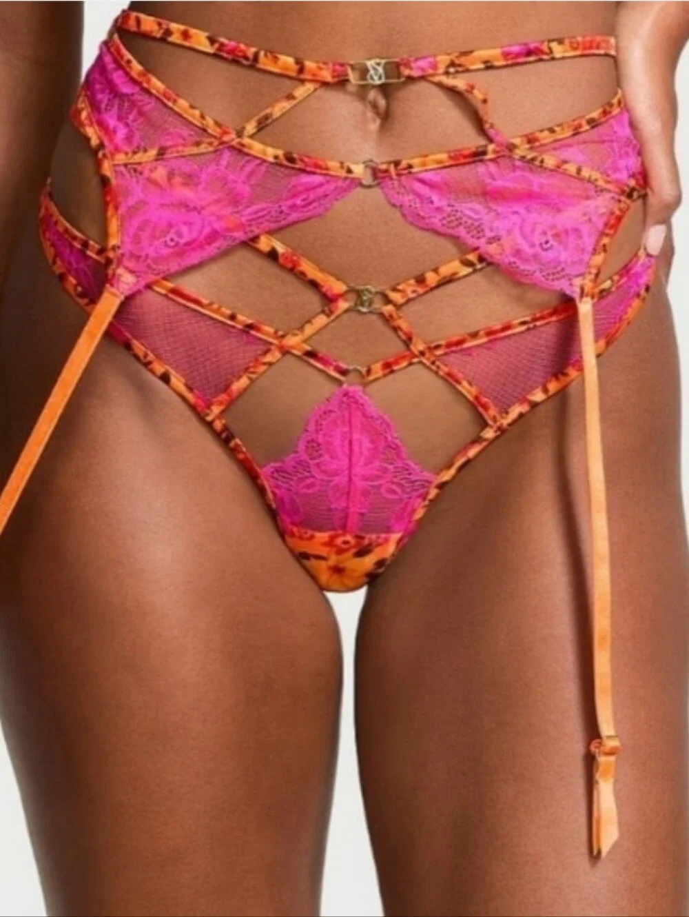 NEW Victoria's Secret Garter Pink Orange Satin Lace Floral XS